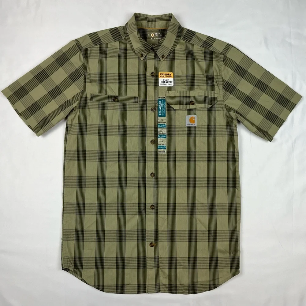 Carhartt Force Mens Relaxed Fit Button Shirt Small Plaid Short Sleeve Olive B4 - Picture 1 of 7